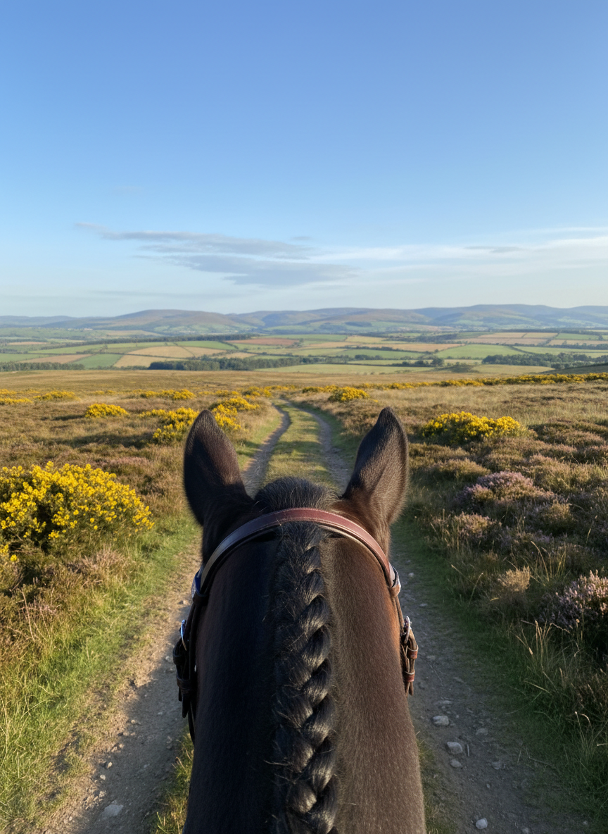 A sweeping panoramic view of Kimmerston-style open moorland and patchwork fields seen from horseback, with the foreground dominated by a glossy dark horse’s ears and neatly braided forelock. The bridle’s oiled leather and gleaming metal buckles catch the light as the track winds gently between gorse bushes and grassy banks. Soft, bright morning sunlight illuminates the distant Cheviot Hills under a wide blue sky with a few drifting clouds. Photographic realism, captured from a rider’s-eye perspective with a moderate depth of field so the horse’s ears are in sharp focus while the landscape gradually softens, creating an immersive sense of scenic hacking in Northumberland.