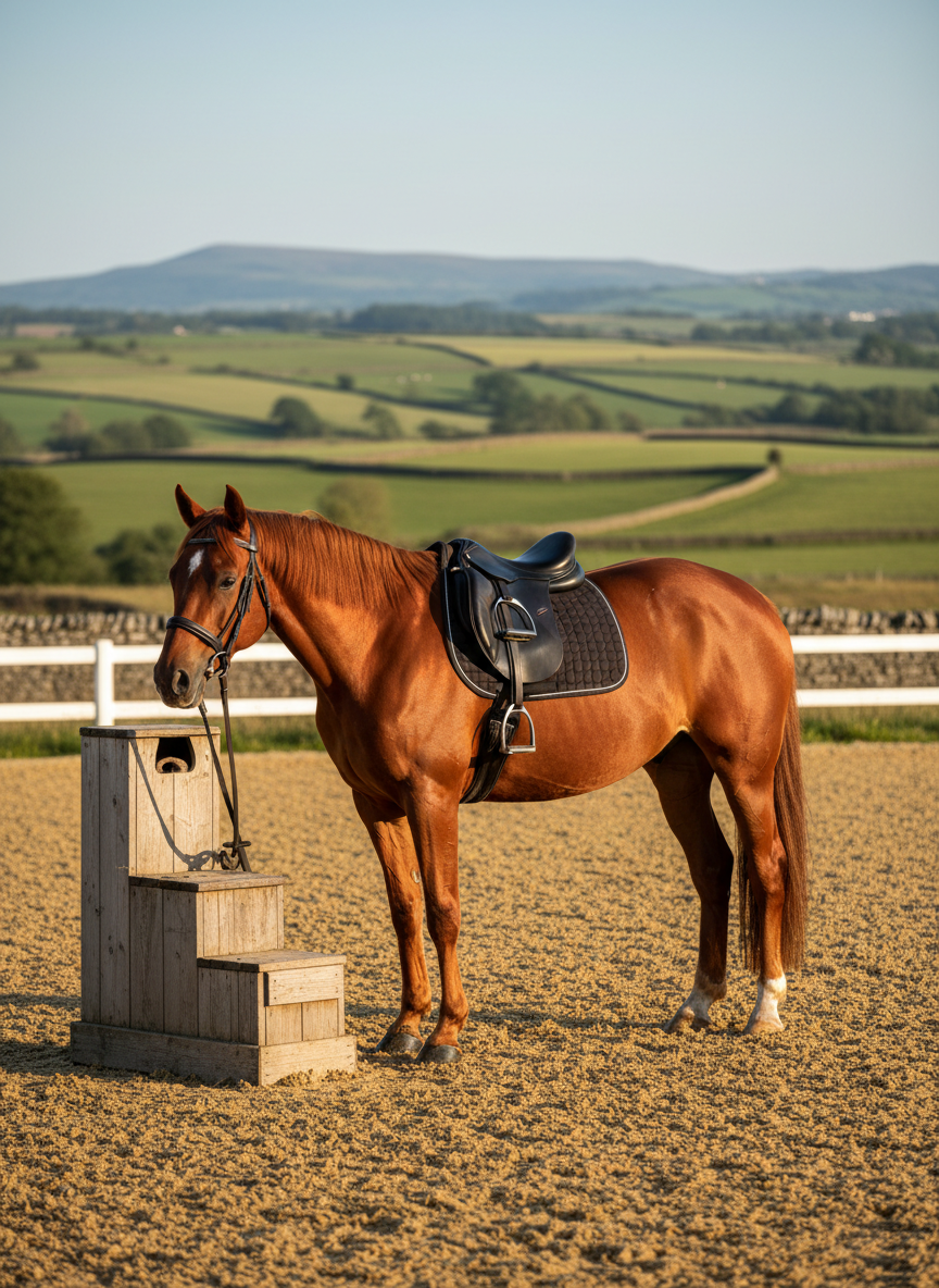 A glossy chestnut horse with a neatly brushed mane and polished leather saddle stands quietly beside a traditional wooden mounting block, positioned at the edge of a wide riding arena. Beyond, rolling Northumberland fields stretch into the distance, dotted with dry stone walls and distant hills. Late afternoon golden-hour sunlight washes across the scene, catching the horse’s coat with warm highlights and casting long, soft shadows in the sand school. Photographic realism, eye-level composition with the horse slightly off-centre using the rule of thirds, crisp focus on the animal and tack with a gently blurred countryside backdrop, creating a calm, professional and inviting atmosphere for all-ability riders.