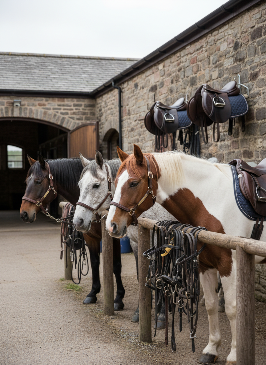 A line of well-kept horses of varied coatsâ€”bay, grey, and skewbaldâ€”stand quietly at a sturdy wooden hitching rail outside a stone-built Northumberland stable block. Neatly arranged saddles and bridles hang nearby on polished brass hooks against the weathered stone wall. Soft overcast daylight creates even, diffused lighting with minimal shadows, enhancing the natural colours and textures of leather, stone, and horse coats. Photographic realism from a slightly elevated three-quarter angle, capturing the full length of the yard and stable doors receding into the background, conveying an organised, professional riding centre ready to welcome riders of all abilities.